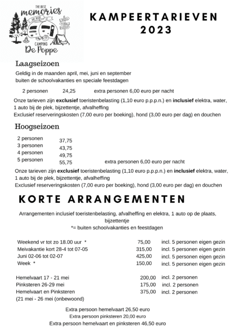 Kampeertarieven 2023 Camping de Poppe